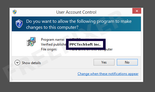 Screenshot where PPCTechSoft Inc. appears as the verified publisher in the UAC dialog